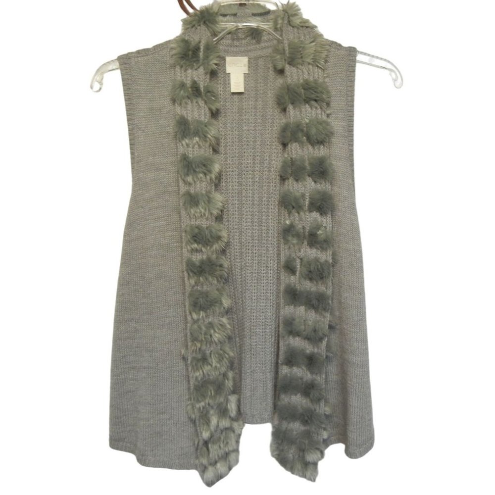 Chico's  Sweater Vest grey knit, faux fur trim, size 3  (XL 16) , preowned